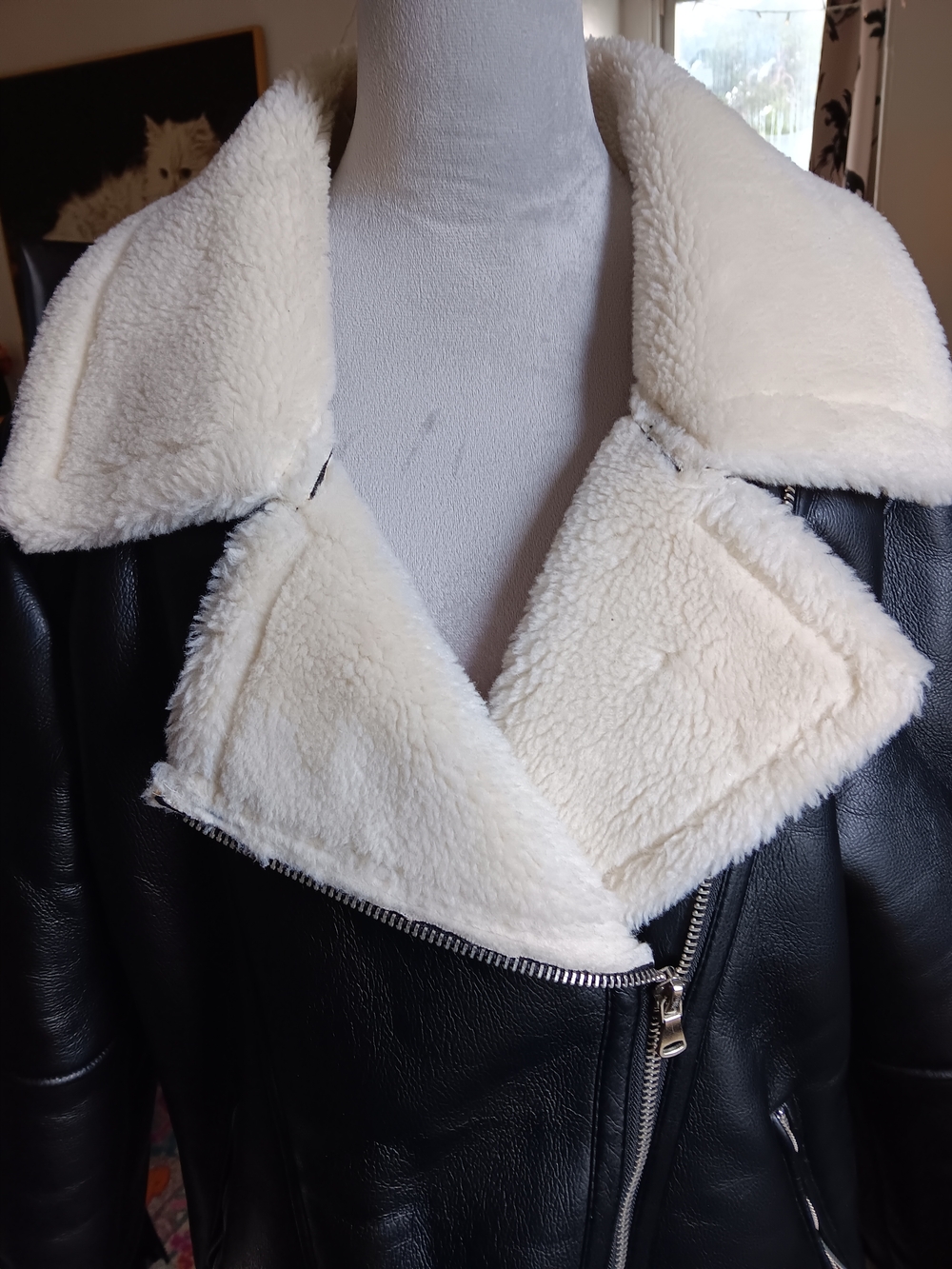 Black Faux Leather Jacket with Cream Sherpa Collar - Women's Biker Coat